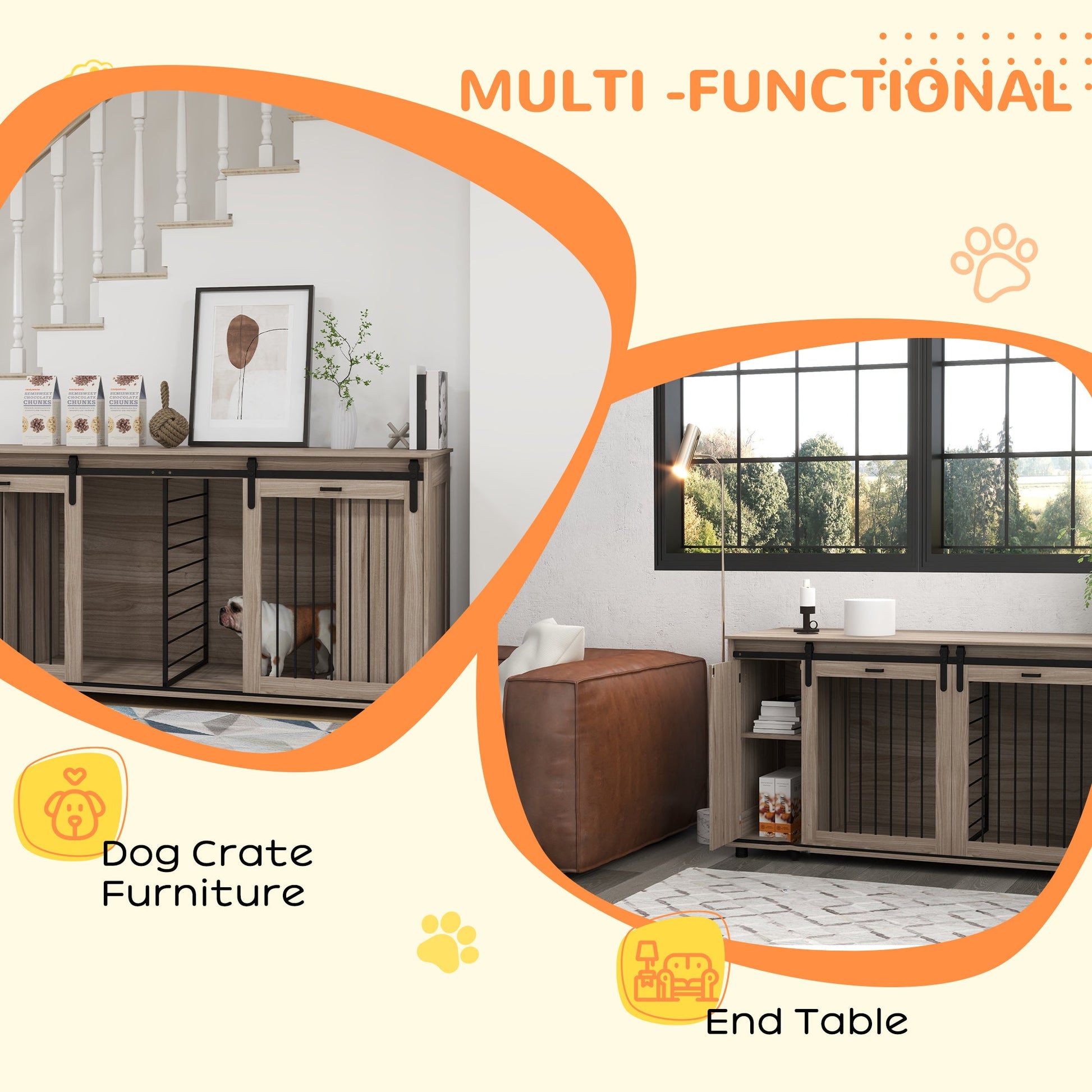 KFX-4449597 Modern Walnut Dog Kennel Furniture with Removable Divider for 2 Small Dogs or 1 Large Dog
