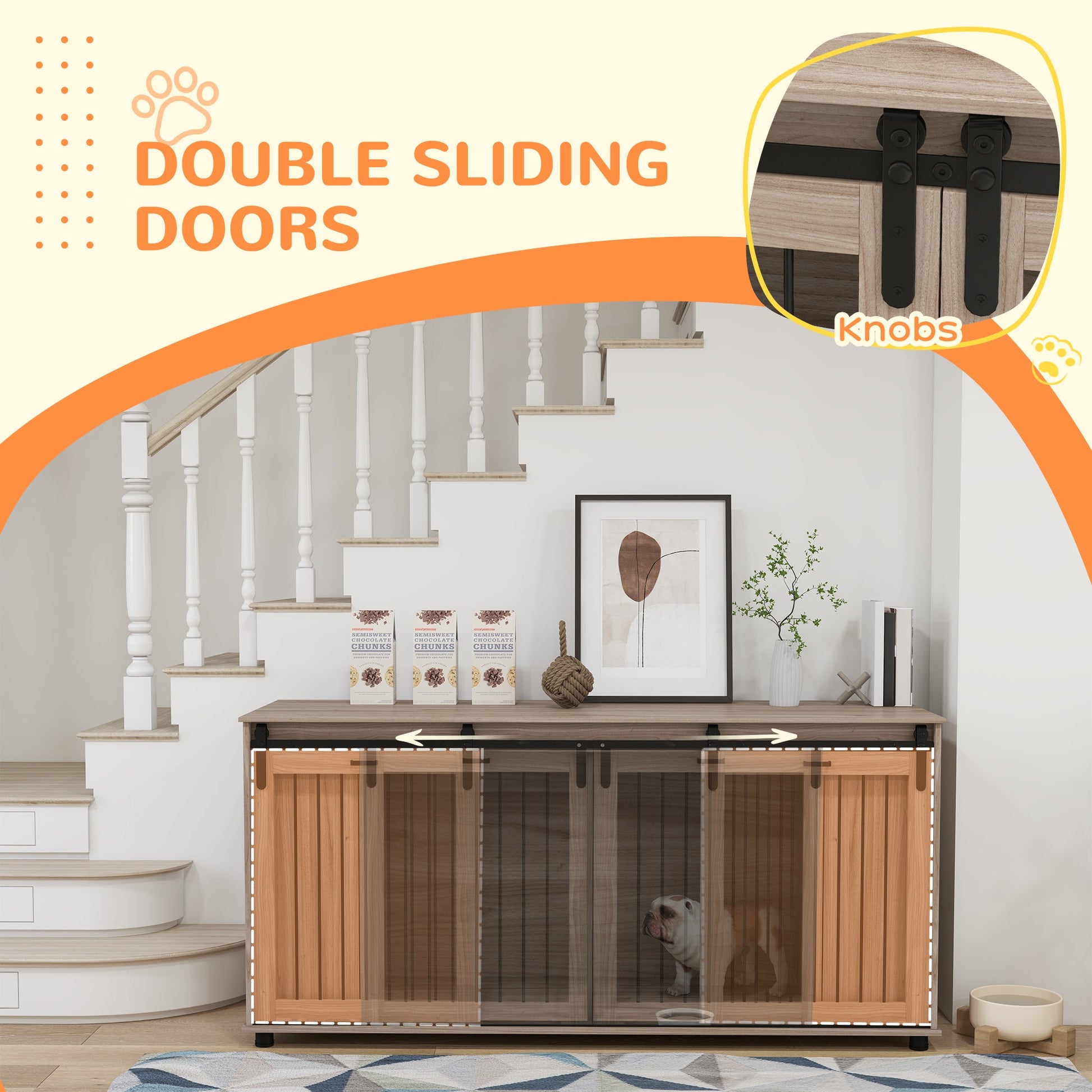 KFX-4449597 Modern Walnut Dog Kennel Furniture with Removable Divider for 2 Small Dogs or 1 Large Dog