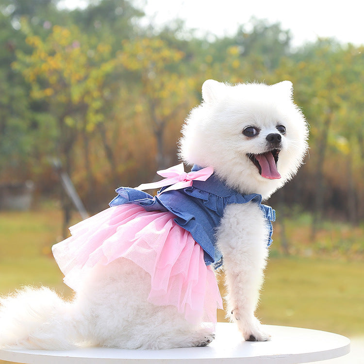 KFX-4450493 Korean Denim Skirt for Pets with Bow Detail - Stylish Spring & Summer Apparel