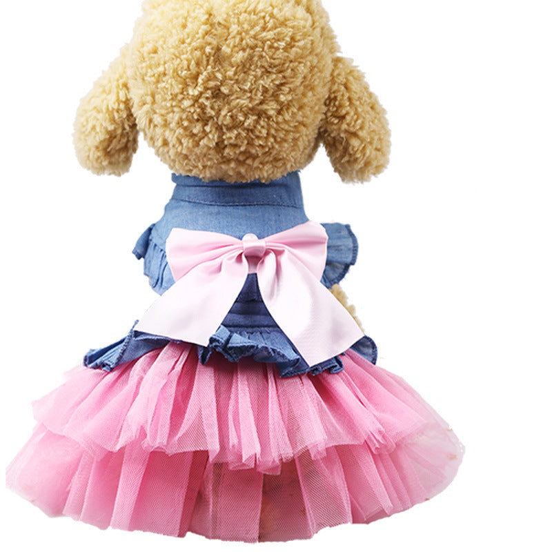KFX-4450493 Korean Denim Skirt for Pets with Bow Detail - Stylish Spring & Summer Apparel