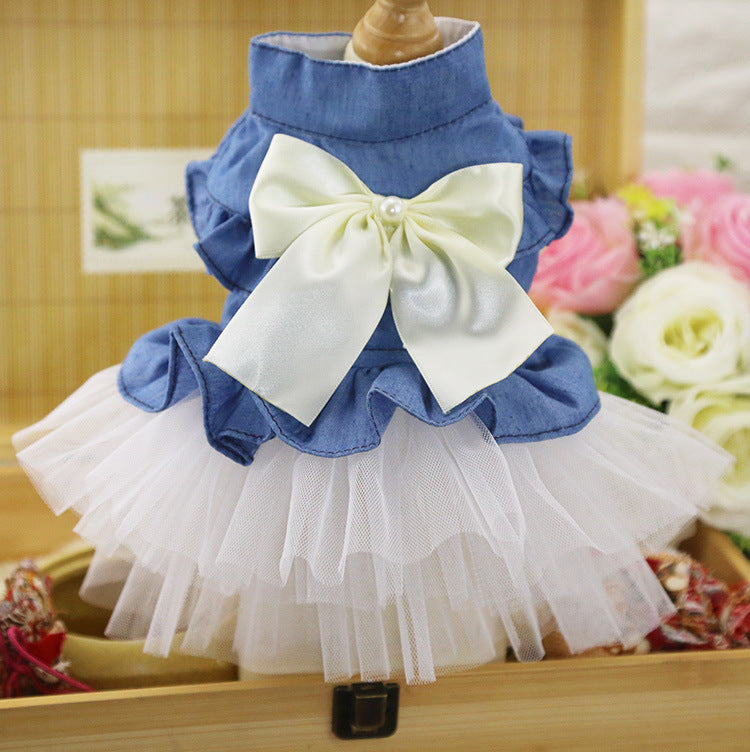 KFX-4450493 Korean Denim Skirt for Pets with Bow Detail - Stylish Spring & Summer Apparel