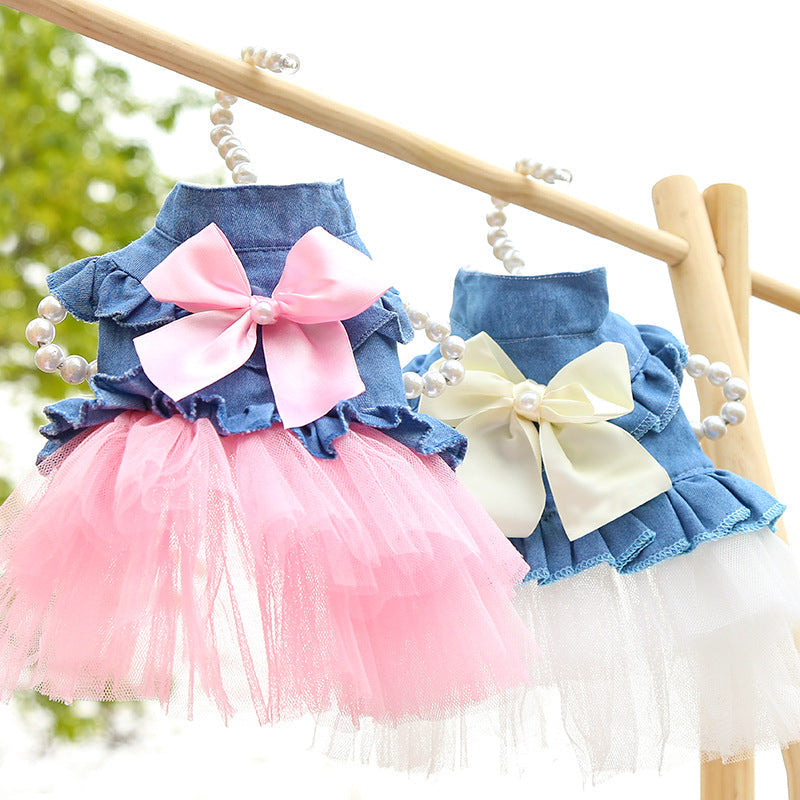 KFX-4450493 Korean Denim Skirt for Pets with Bow Detail - Stylish Spring & Summer Apparel