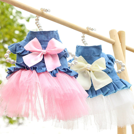 KFX-4450493 Korean Denim Skirt for Pets with Bow Detail - Stylish Spring & Summer Apparel