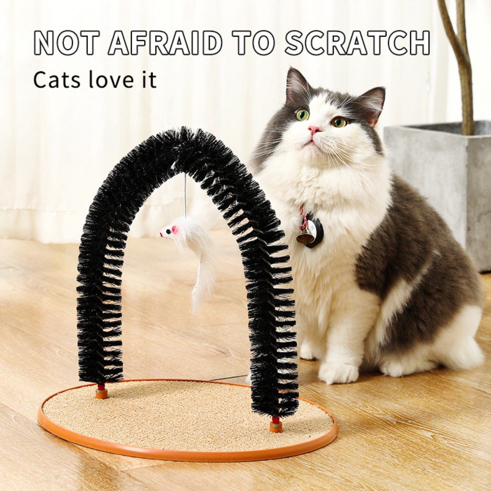 KFX-4453181 Cat Grooming and Scratching Device with Plush Mouse Toy - Arch-Shaped Brush for Itch Relief and Playtime