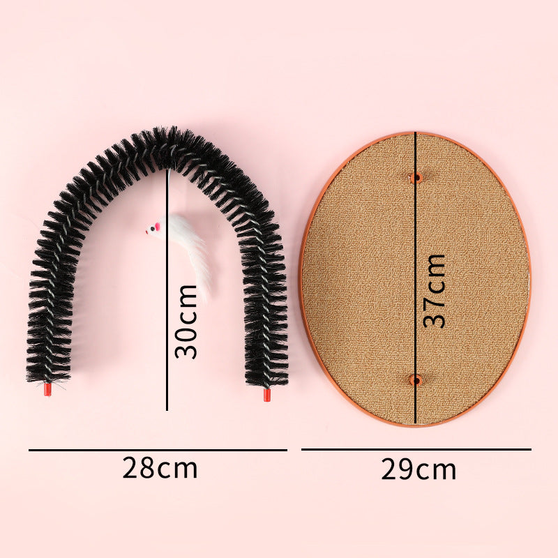 KFX-4453181 Cat Grooming and Scratching Device with Plush Mouse Toy - Arch-Shaped Brush for Itch Relief and Playtime