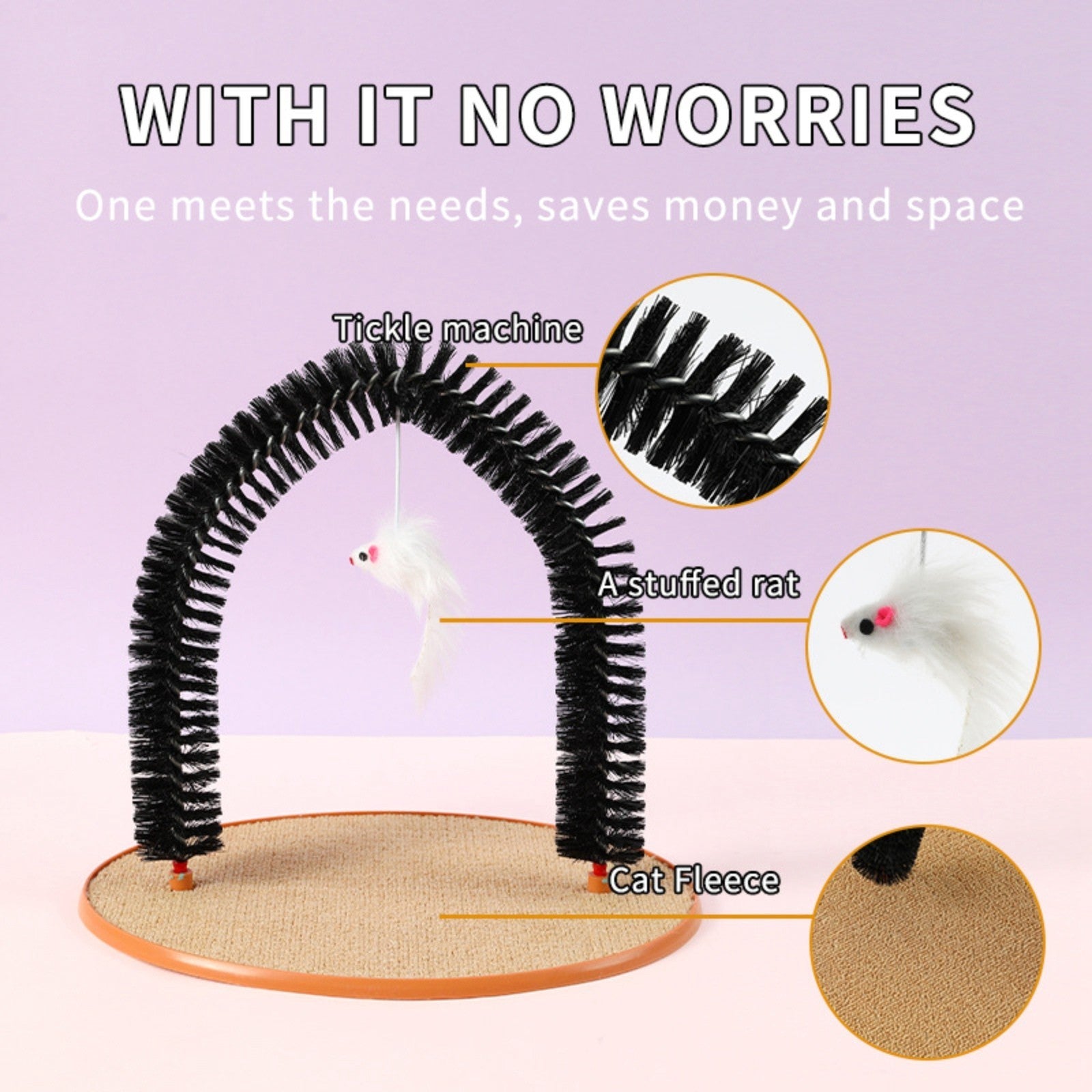 KFX-4453181 Cat Grooming and Scratching Device with Plush Mouse Toy - Arch-Shaped Brush for Itch Relief and Playtime