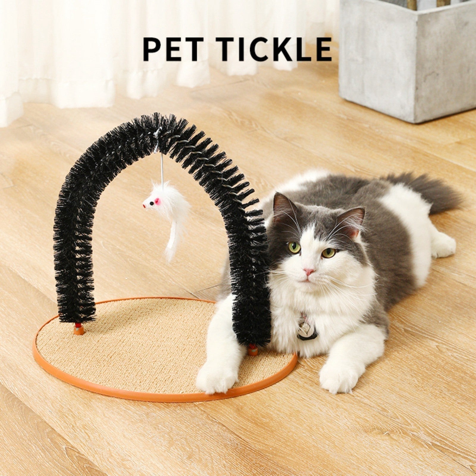 KFX-4453181 Cat Grooming and Scratching Device with Plush Mouse Toy - Arch-Shaped Brush for Itch Relief and Playtime