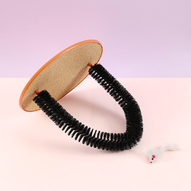 KFX-4453181 Cat Grooming and Scratching Device with Plush Mouse Toy - Arch-Shaped Brush for Itch Relief and Playtime
