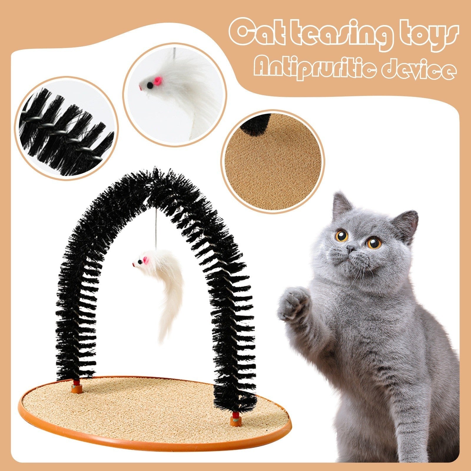 KFX-4453181 Cat Grooming and Scratching Device with Plush Mouse Toy - Arch-Shaped Brush for Itch Relief and Playtime