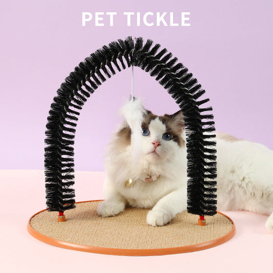 KFX-4453181 Cat Grooming and Scratching Device with Plush Mouse Toy - Arch-Shaped Brush for Itch Relief and Playtime