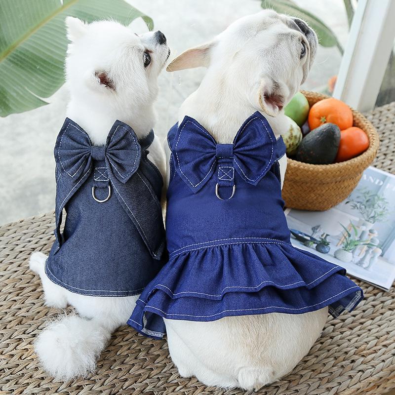 KFX-4454077 Denim Dog Skirt with Leash Attachment for Stylish Outdoor Walks