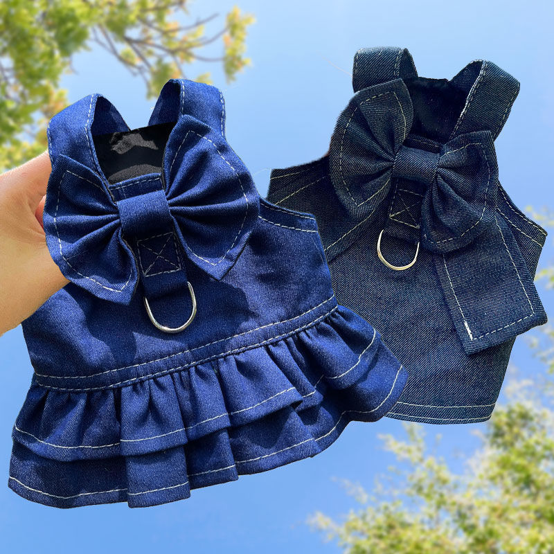 KFX-4454077 Denim Dog Skirt with Leash Attachment for Stylish Outdoor Walks