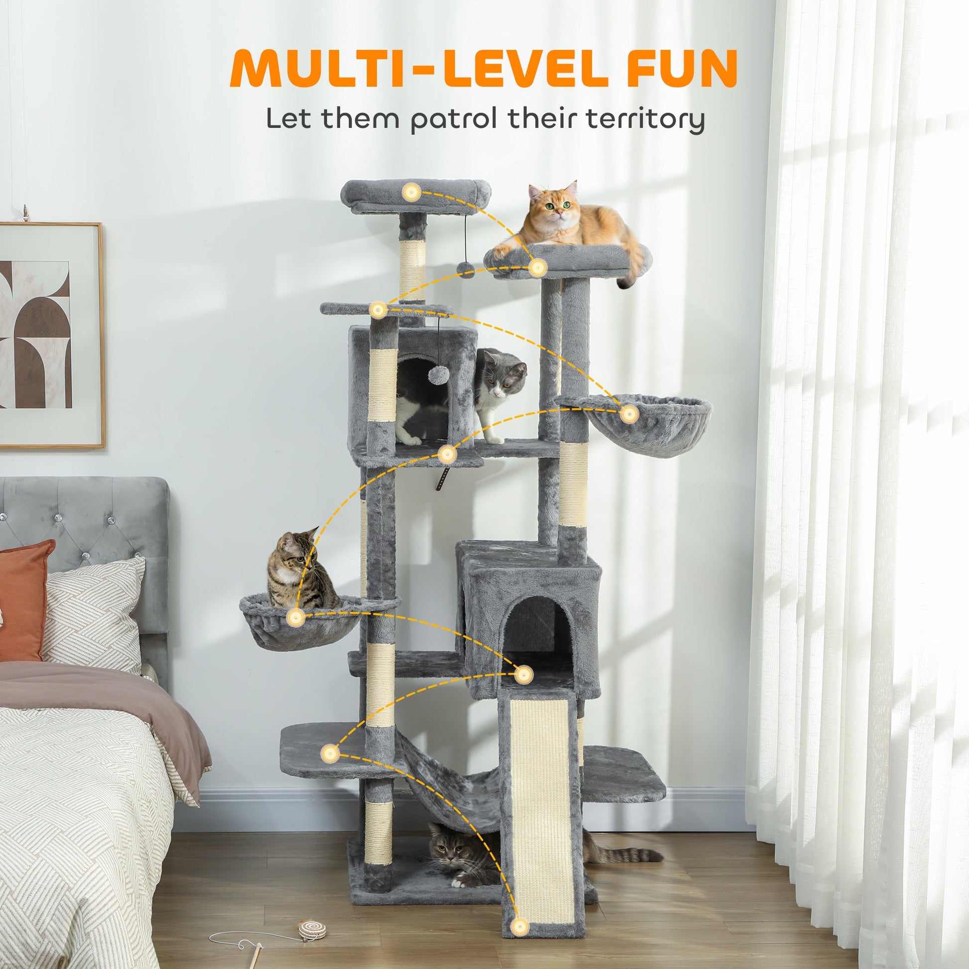 KFX-4454973 Multi-Level Cat Tree with Dual Condos, Hammocks, and Scratching Posts - Dark Gray & Cream White
