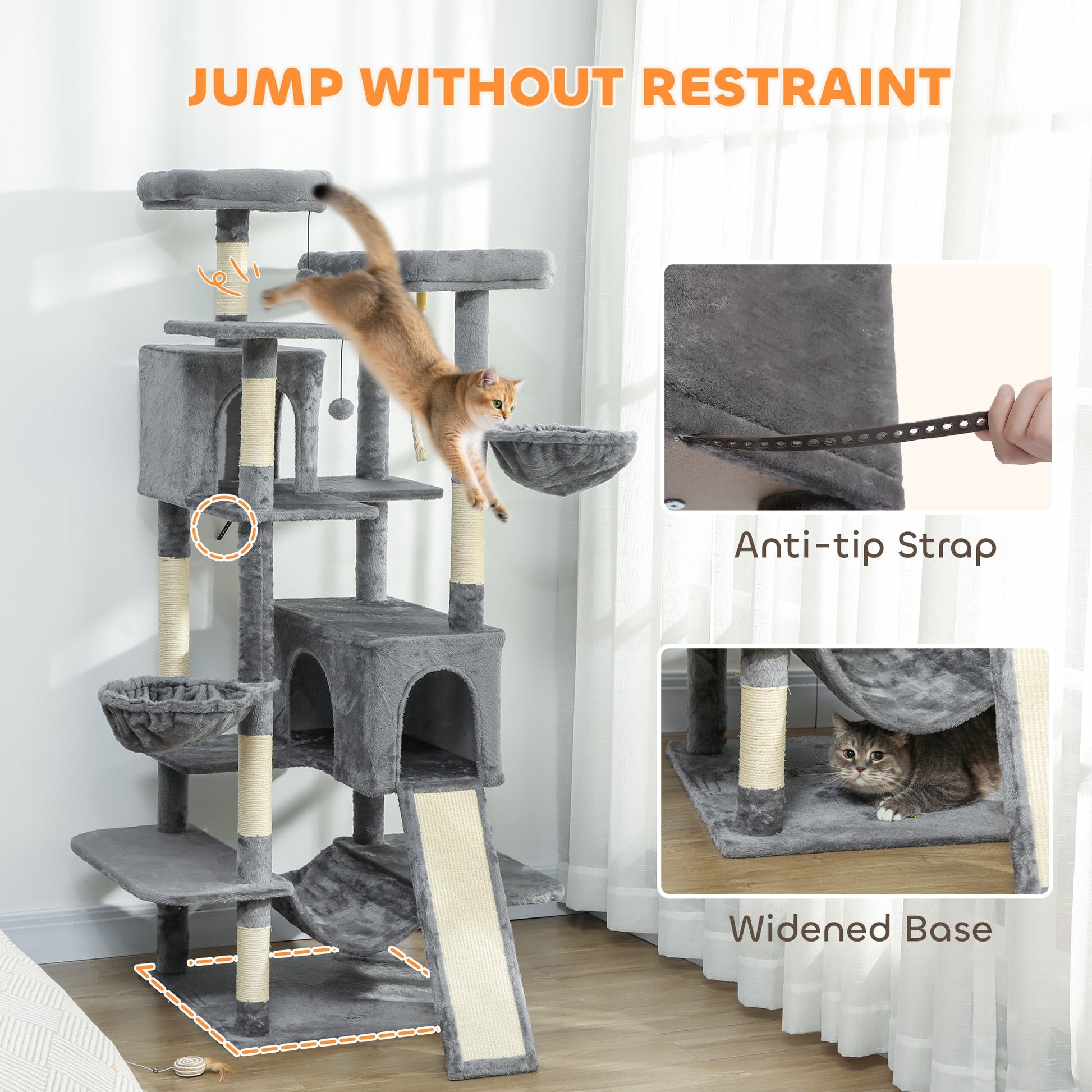 KFX-4454973 Multi-Level Cat Tree with Dual Condos, Hammocks, and Scratching Posts - Dark Gray & Cream White
