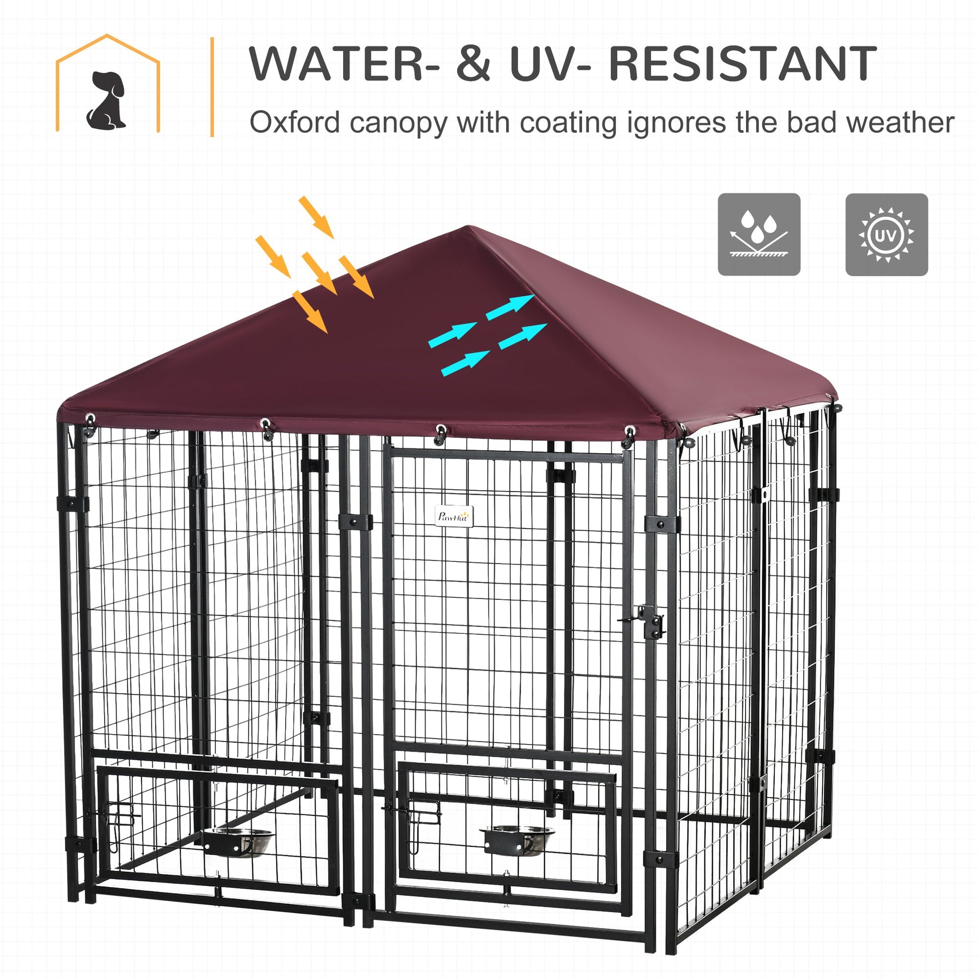 KFX-4455357 Spacious Outdoor Dog Kennel with Rotating Bowl Holders and Waterproof Cover, 4.6' x 4.6' x 5', Red