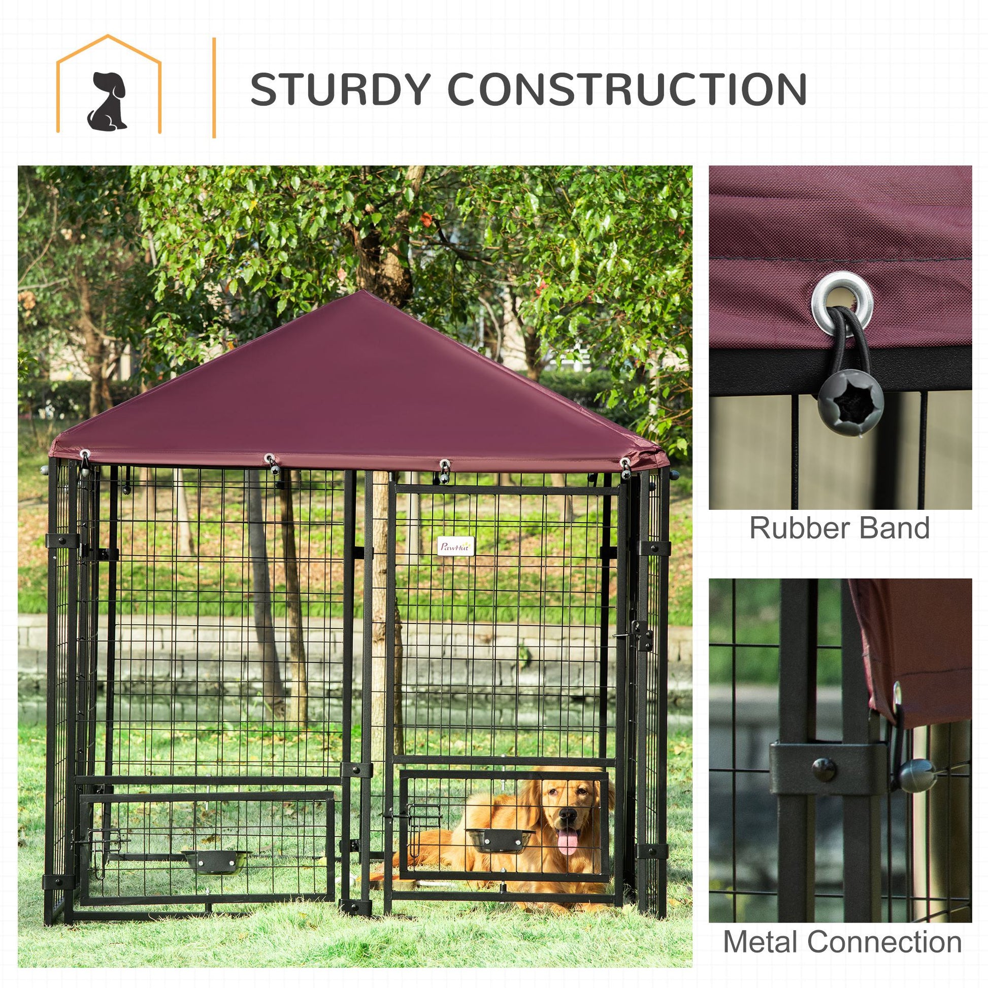 KFX-4455357 Spacious Outdoor Dog Kennel with Rotating Bowl Holders and Waterproof Cover, 4.6' x 4.6' x 5', Red