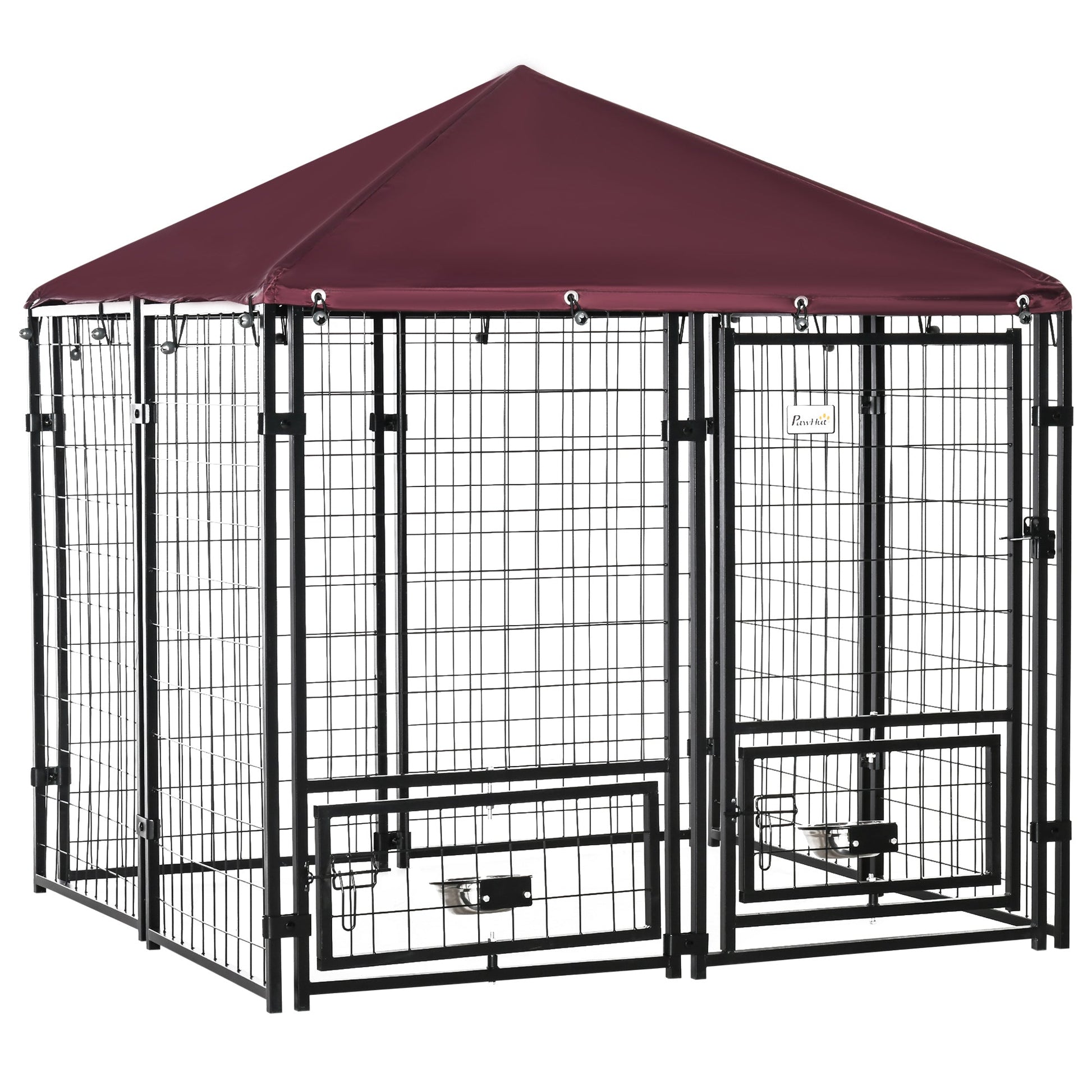 KFX-4455357 Spacious Outdoor Dog Kennel with Rotating Bowl Holders and Waterproof Cover, 4.6' x 4.6' x 5', Red