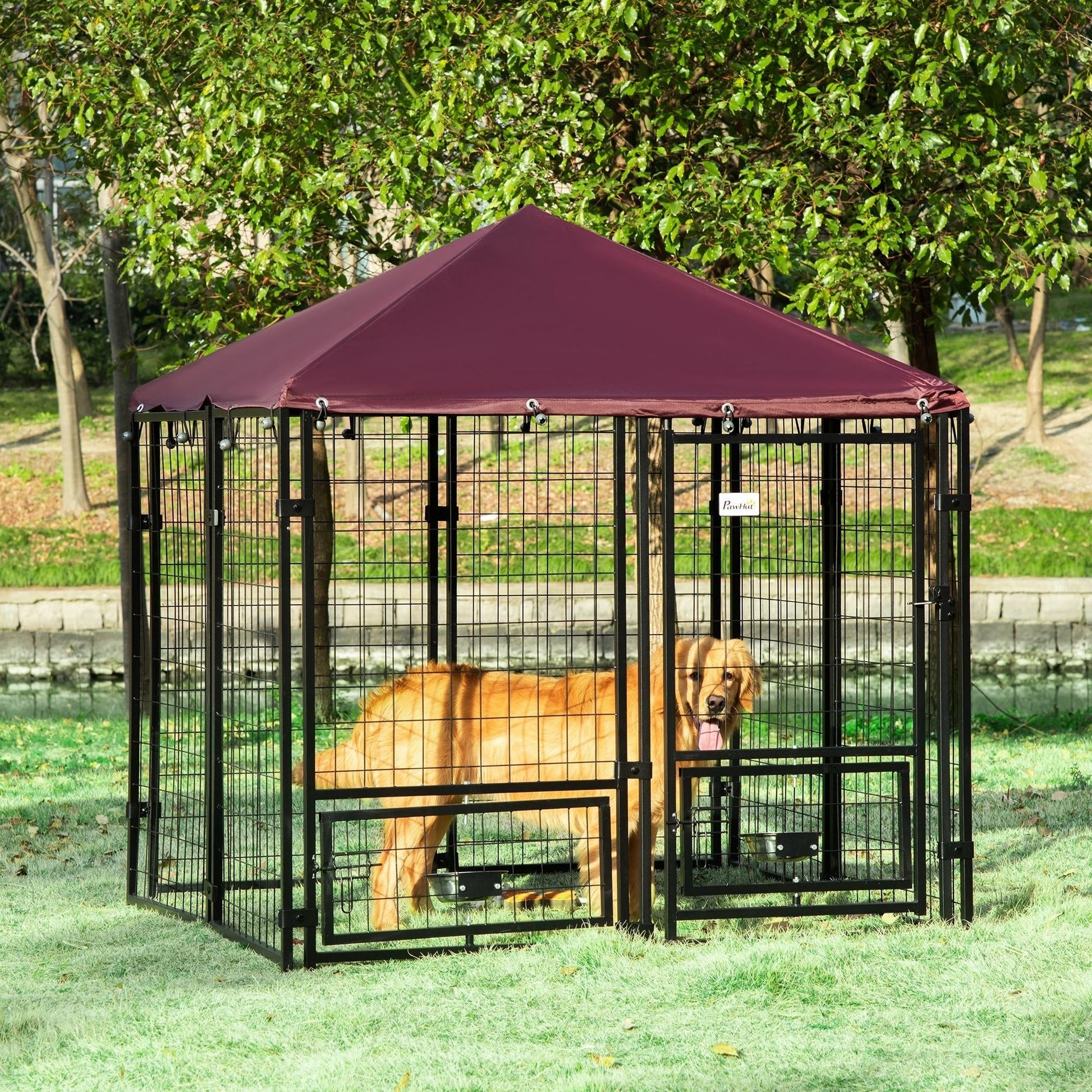 KFX-4455357 Spacious Outdoor Dog Kennel with Rotating Bowl Holders and Waterproof Cover, 4.6' x 4.6' x 5', Red