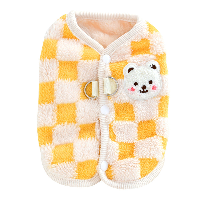 KFX-4457277 Velvet Thermal Pet Vest for Autumn and Winter - XD Checkerboard Bear Design in Blue, Yellow, or Brown Sizes S-XXL