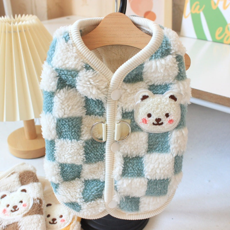KFX-4457277 Velvet Thermal Pet Vest for Autumn and Winter - XD Checkerboard Bear Design in Blue, Yellow, or Brown Sizes S-XXL