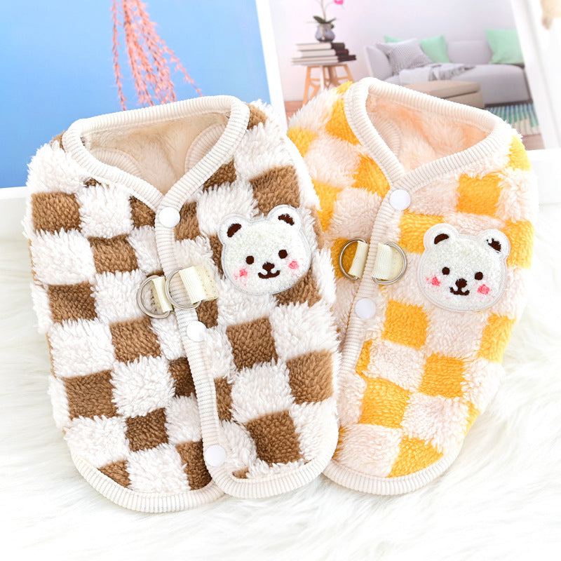 KFX-4457277 Velvet Thermal Pet Vest for Autumn and Winter - XD Checkerboard Bear Design in Blue, Yellow, or Brown Sizes S-XXL