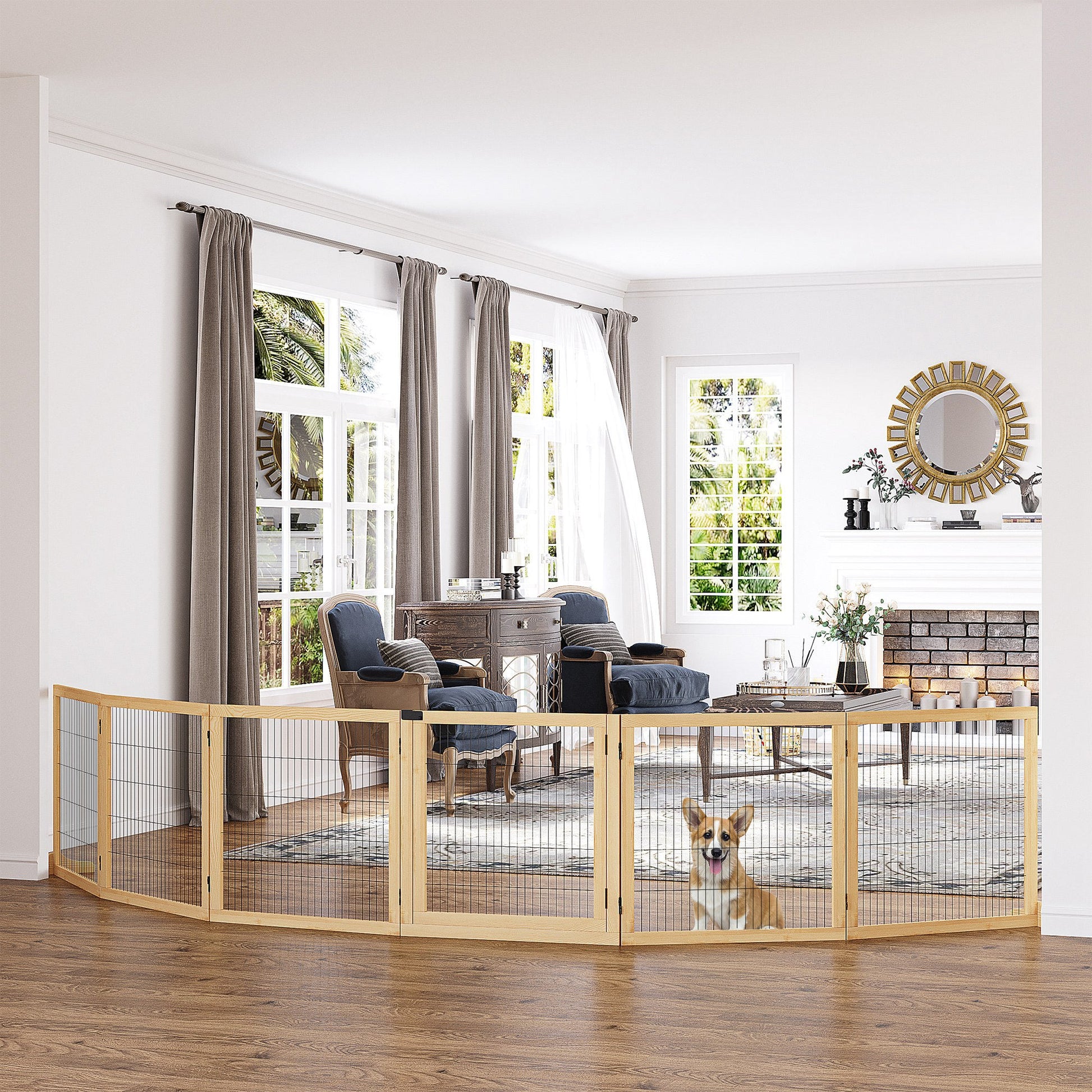 KFX-4462909 Freestanding Retractable Dog Gate with 6 Panels for Doorways and Hallways