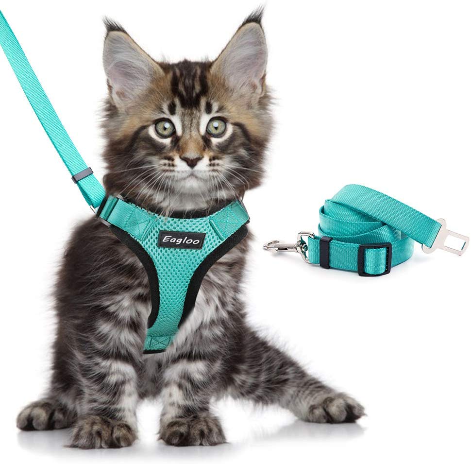 KFX-4466493 Adjustable Escape Proof Cat Vest Harness with Soft Mesh and Car Seat Belt Adapter