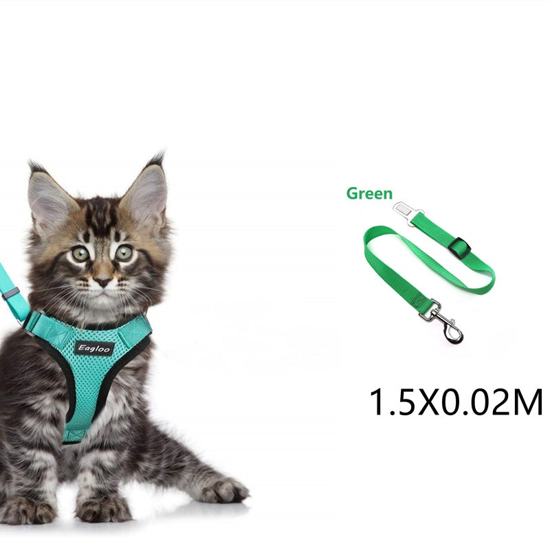 KFX-4466493 Adjustable Escape Proof Cat Vest Harness with Soft Mesh and Car Seat Belt Adapter