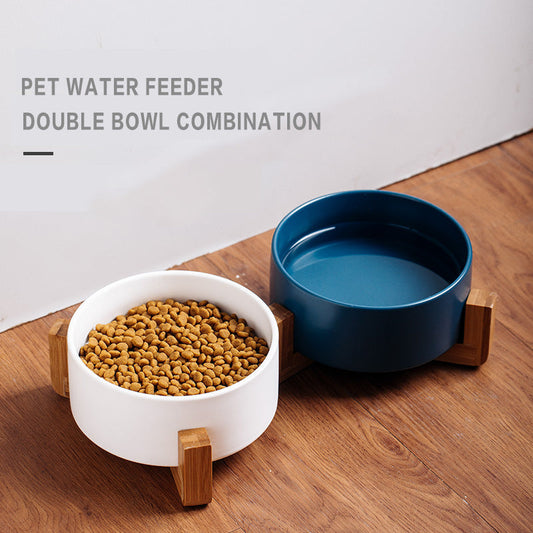 KFX-4467389 Dual Ceramic Cat Bowl Set - Pottery Pet Feeding & Drinking Bowls in Various Colors