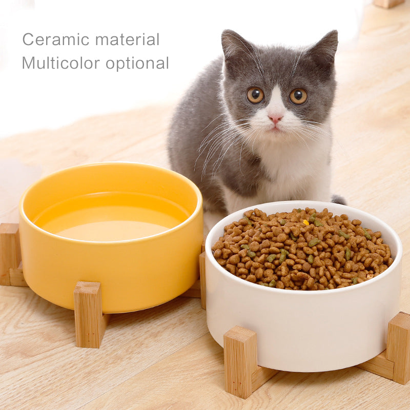 KFX-4467389 Dual Ceramic Cat Bowl Set - Pottery Pet Feeding & Drinking Bowls in Various Colors