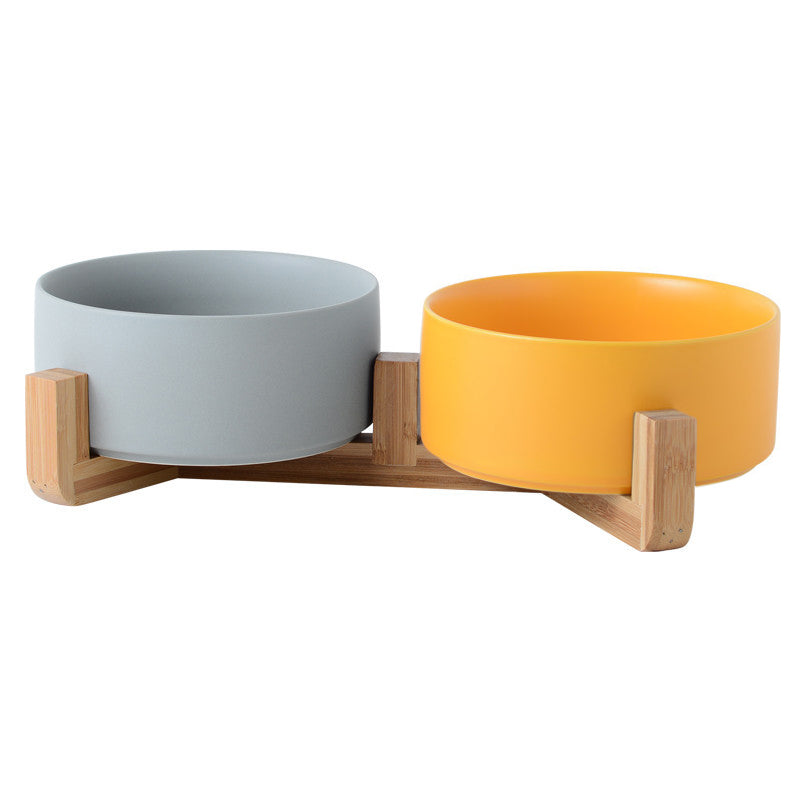 KFX-4467389 Dual Ceramic Cat Bowl Set - Pottery Pet Feeding & Drinking Bowls in Various Colors