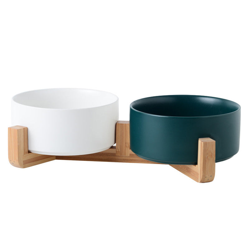 KFX-4467389 Dual Ceramic Cat Bowl Set - Pottery Pet Feeding & Drinking Bowls in Various Colors