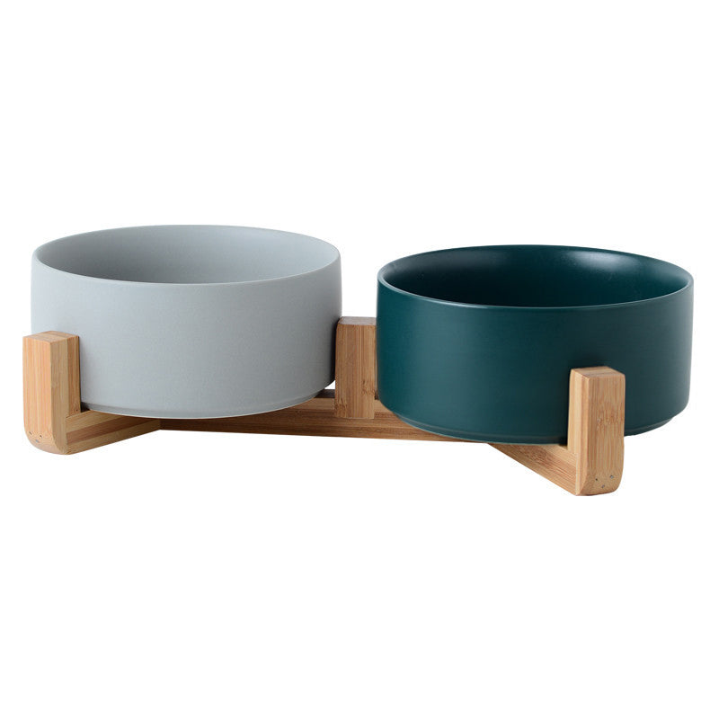 KFX-4467389 Dual Ceramic Cat Bowl Set - Pottery Pet Feeding & Drinking Bowls in Various Colors
