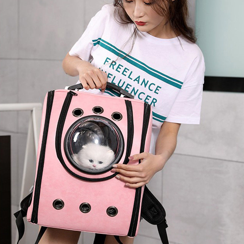 KFX-4469437 Leather Pet Carrier Backpack with Transparent Cover for Dogs and Cats, 13kg Capacity, Available in Multiple Colors