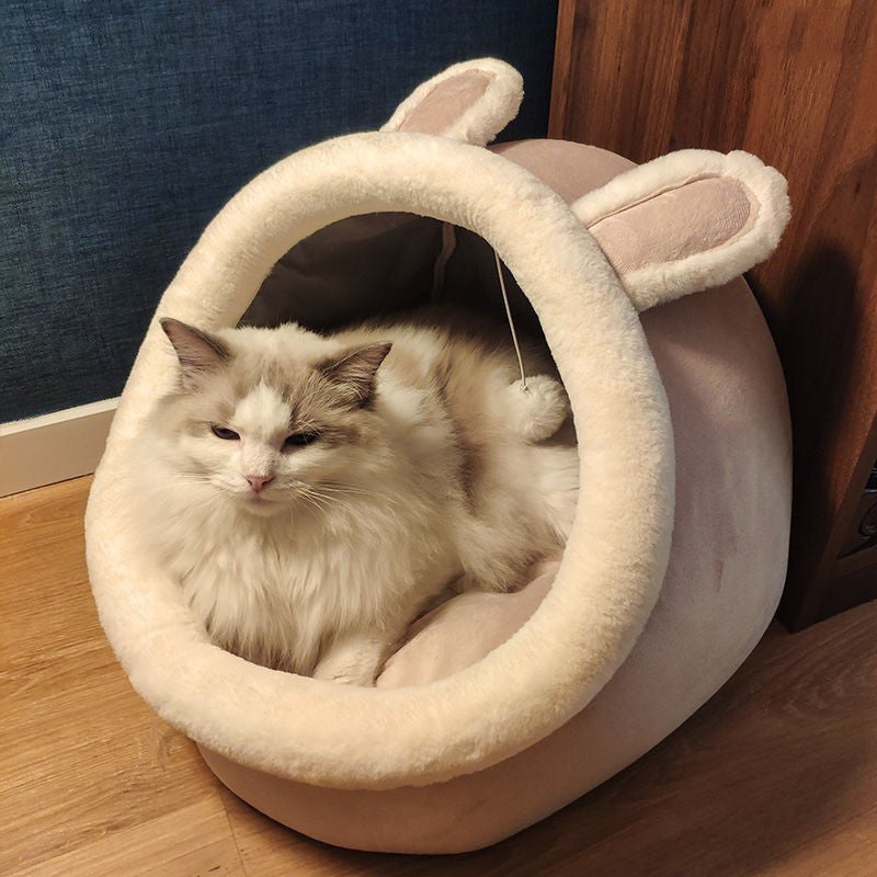 KFX-4473021 Cozy Semi-Enclosed Cat House with Removable Washable Mat - Available in Multiple Sizes and Designs