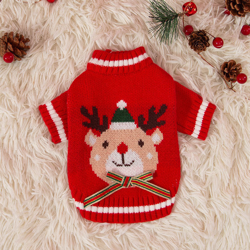 KFX-4473533 Festive Pet Sweater for Autumn and Winter with Elk and Christmas Designs in Multiple Sizes