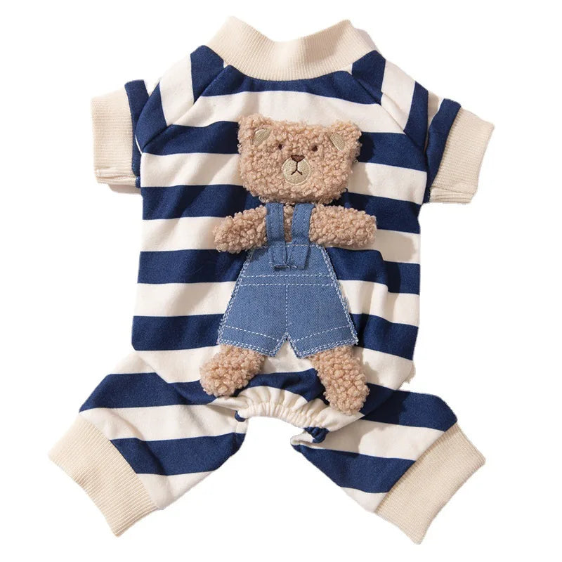 KFX-4477501 Cute Striped Bear Dog Pajamas for Autumn and Winter - Soft, Comfortable Four-Legged Pet Outfit