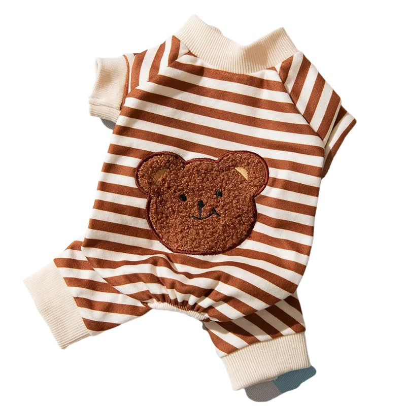 KFX-4477501 Cute Striped Bear Dog Pajamas for Autumn and Winter - Soft, Comfortable Four-Legged Pet Outfit