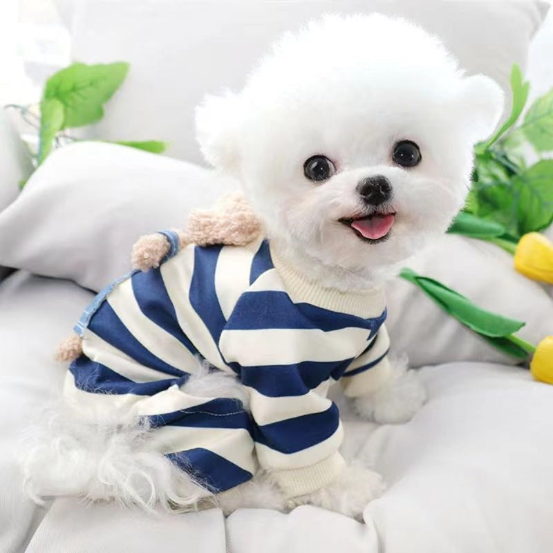 KFX-4477501 Cute Striped Bear Dog Pajamas for Autumn and Winter - Soft, Comfortable Four-Legged Pet Outfit