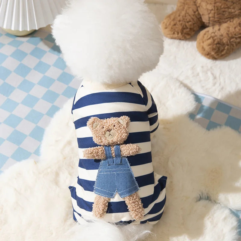 KFX-4477501 Cute Striped Bear Dog Pajamas for Autumn and Winter - Soft, Comfortable Four-Legged Pet Outfit