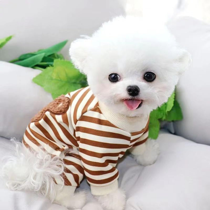 KFX-4477501 Cute Striped Bear Dog Pajamas for Autumn and Winter - Soft, Comfortable Four-Legged Pet Outfit