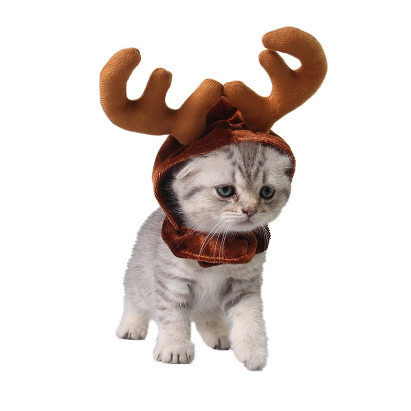 KFX-4483517 Christmas Reindeer Hat for Pets - Adjustable Velcro Design, Soft Polyester Fabric, Comfortable Fit for Small Dogs and Cats