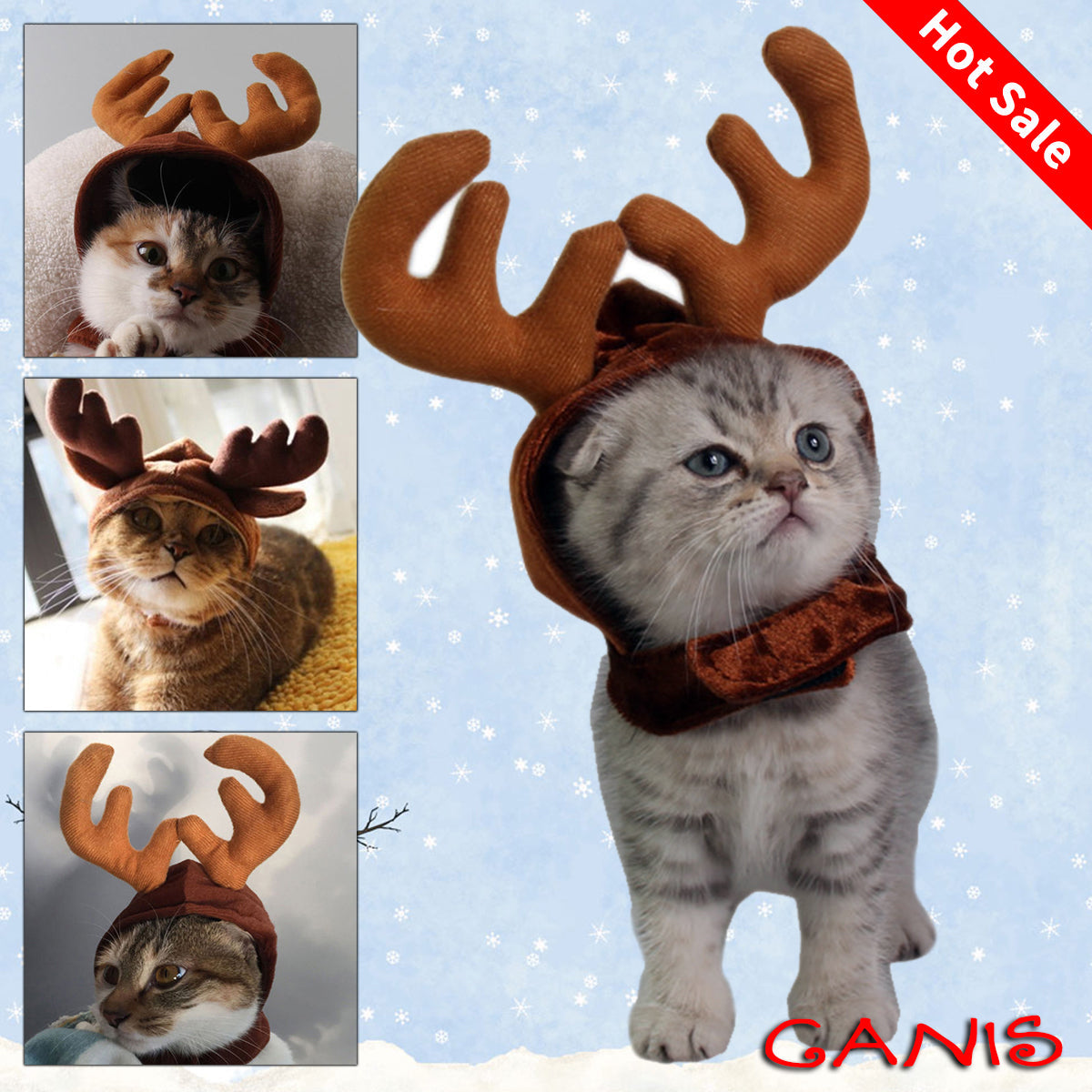 KFX-4483517 Christmas Reindeer Hat for Pets - Adjustable Velcro Design, Soft Polyester Fabric, Comfortable Fit for Small Dogs and Cats