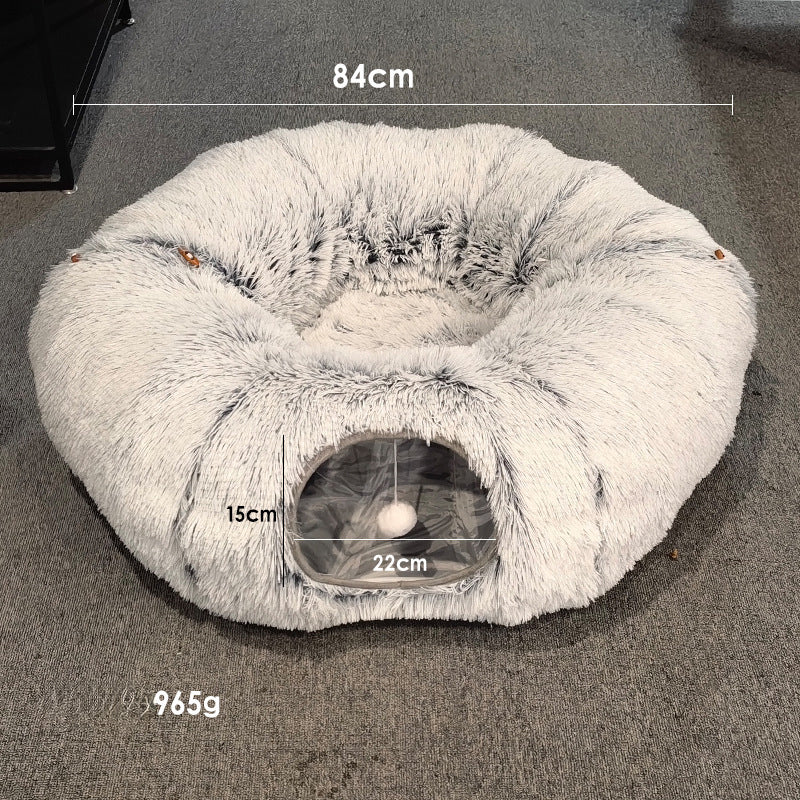KFX-4483773 Cozy Cat Tunnel Bed with Washable Soft Play Mat and Interactive Toy for Indoor Pets