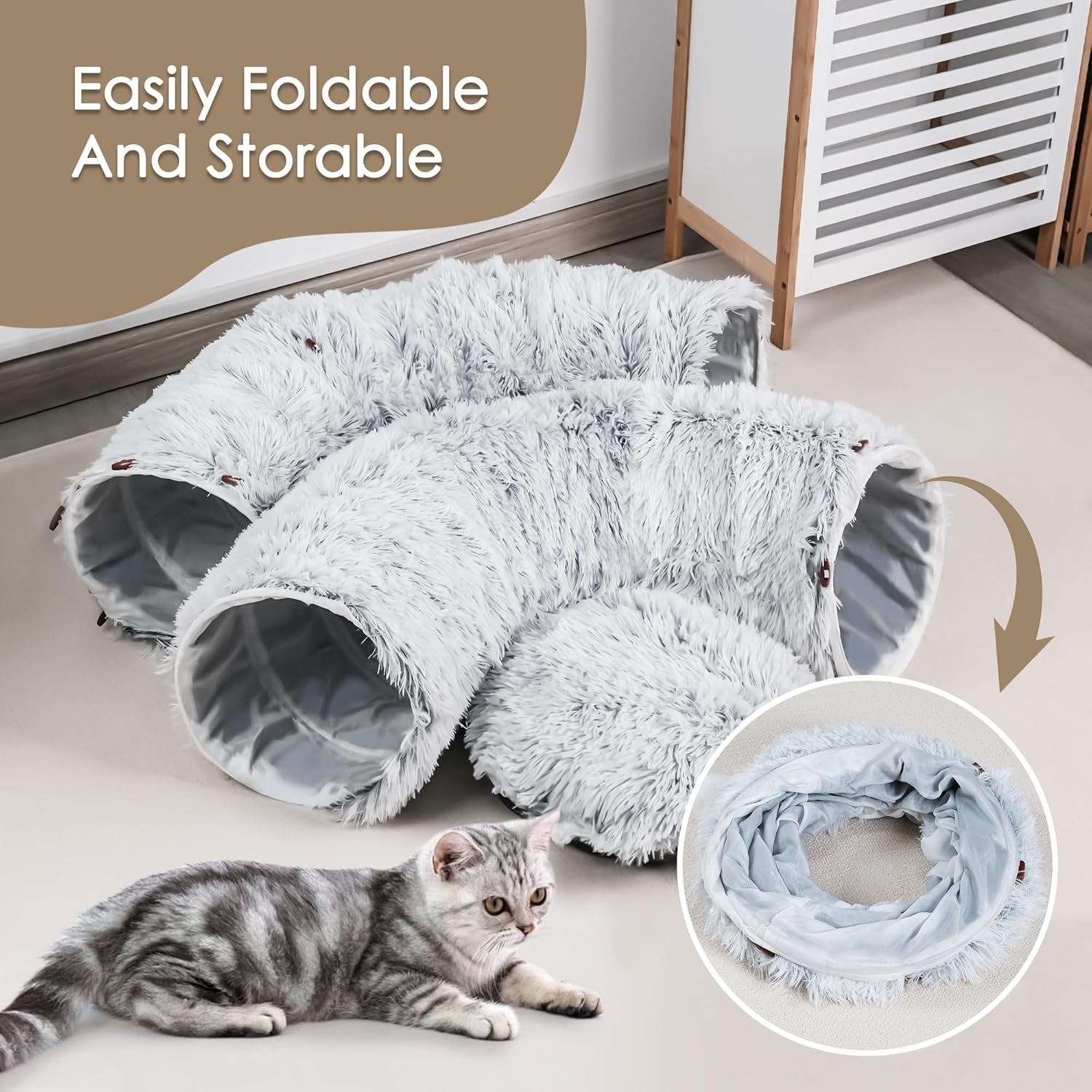 KFX-4483773 Cozy Cat Tunnel Bed with Washable Soft Play Mat and Interactive Toy for Indoor Pets