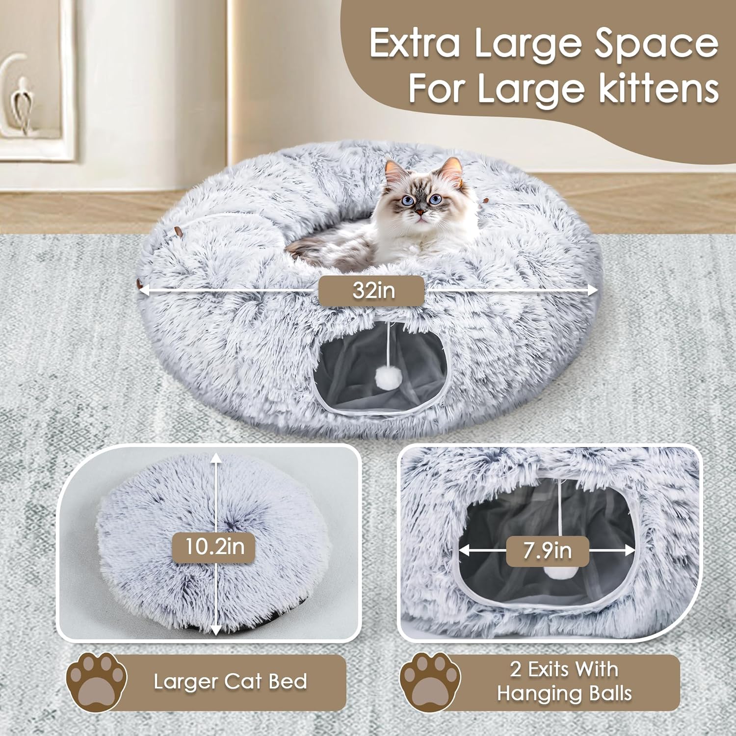KFX-4483773 Cozy Cat Tunnel Bed with Washable Soft Play Mat and Interactive Toy for Indoor Pets