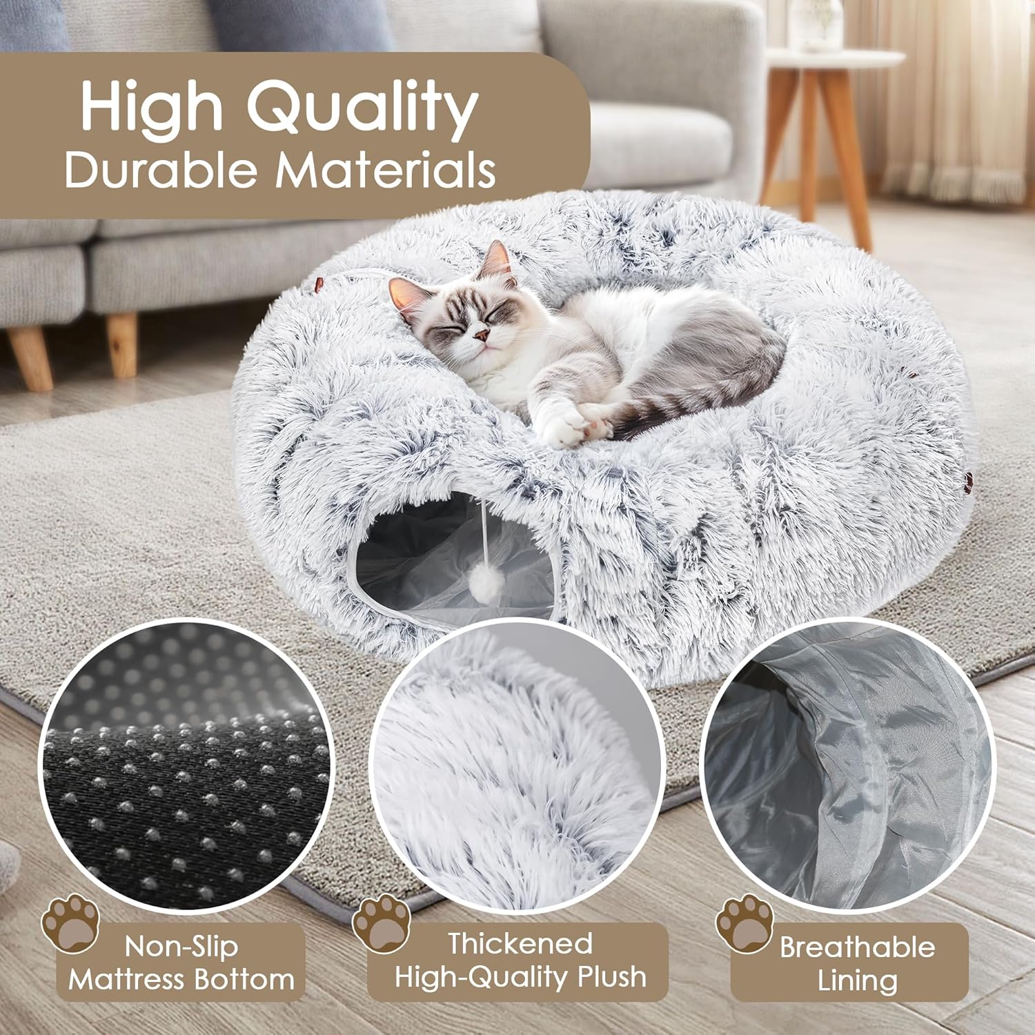 KFX-4483773 Cozy Cat Tunnel Bed with Washable Soft Play Mat and Interactive Toy for Indoor Pets