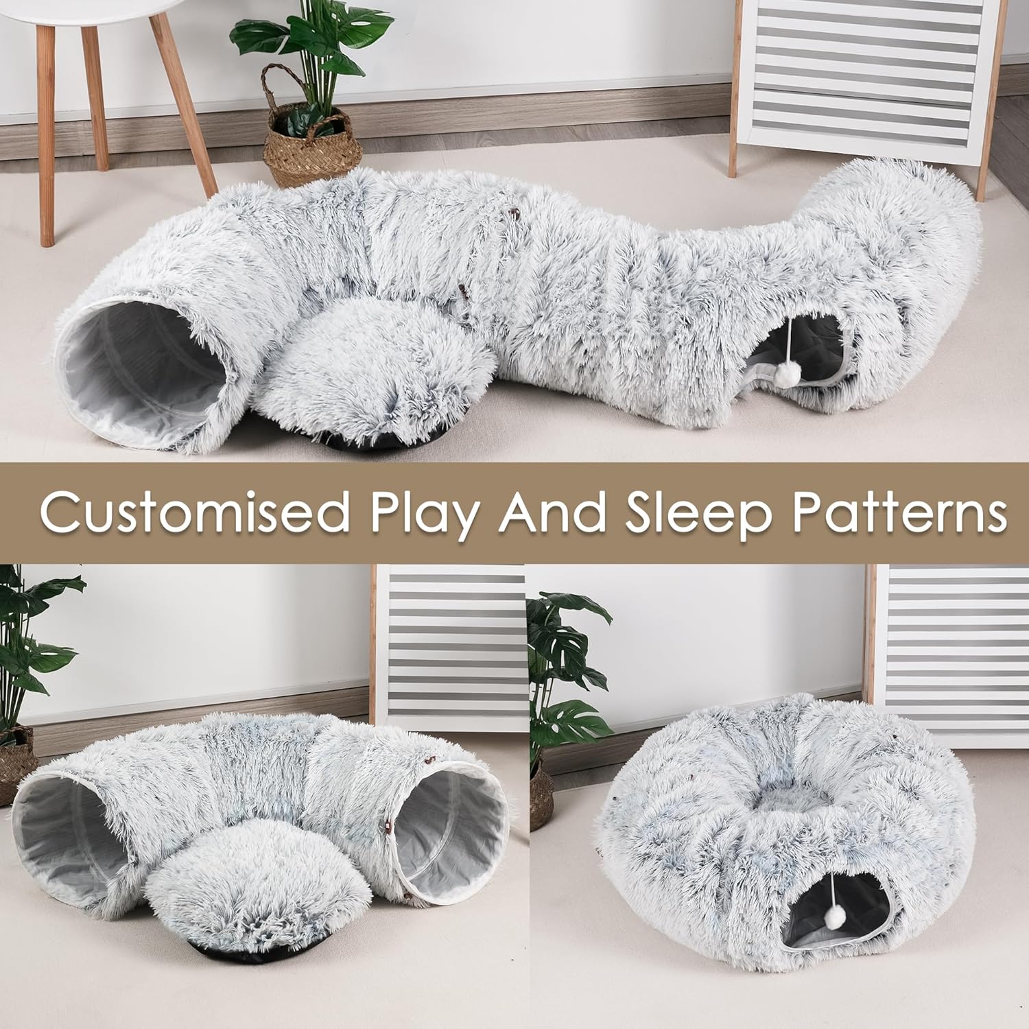 KFX-4483773 Cozy Cat Tunnel Bed with Washable Soft Play Mat and Interactive Toy for Indoor Pets