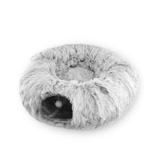 KFX-4483773 Cozy Cat Tunnel Bed with Washable Soft Play Mat and Interactive Toy for Indoor Pets