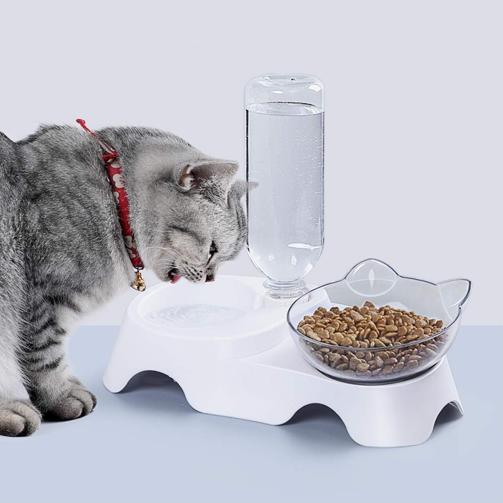 KFX-4485949 Automatic 15° Tilted Pet Food and Water Bowl Set with Water Bottle for Small to Medium Dogs and Cats